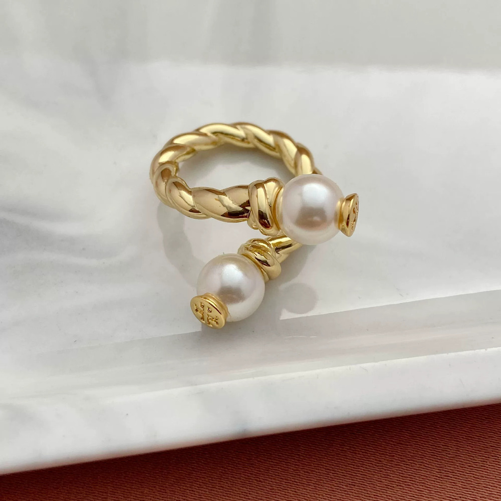 Tory Burch Pearl Inlay Twist Metal Open Ring